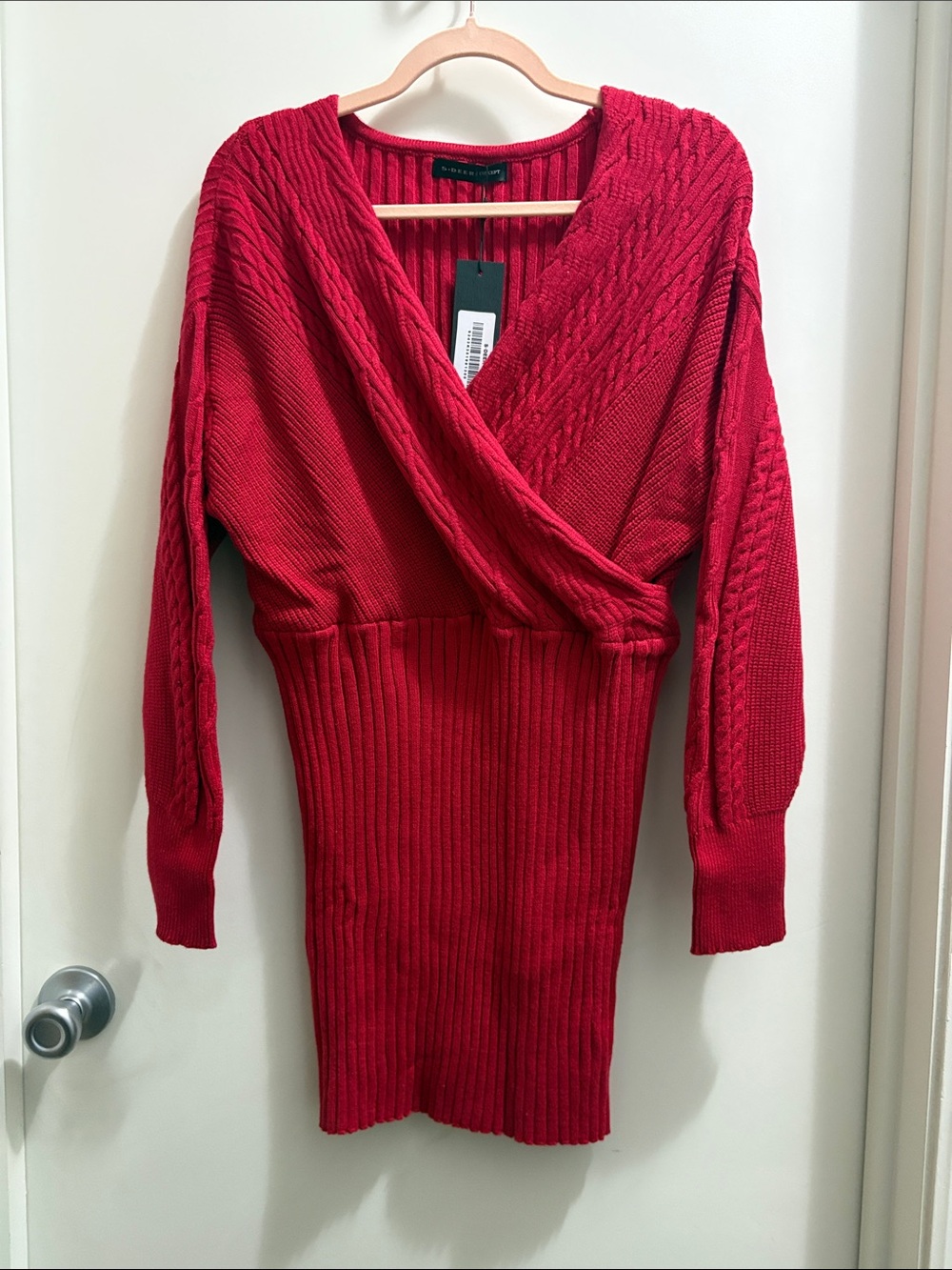 Cable-Knit Wrap Front Mini Dress in Red - Unknown Brand